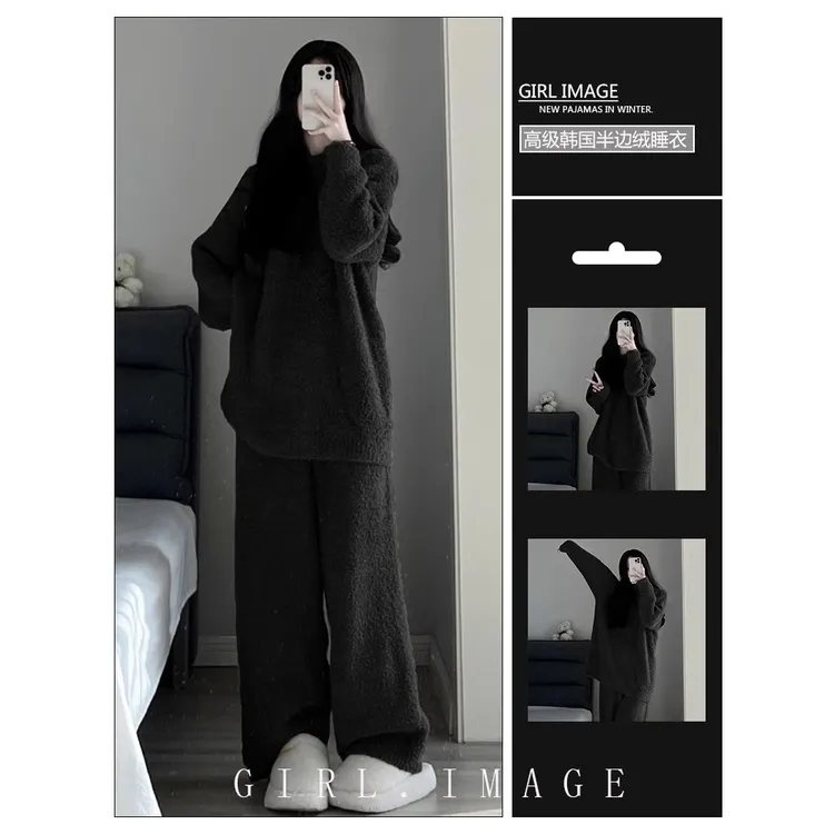 韩版时尚纯色半边绒睡衣女冬季2025年新款加厚黑色针织家居服套装