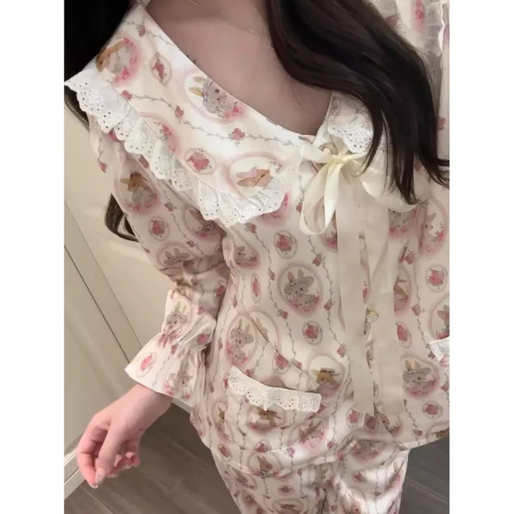 法式公主风冰丝睡衣女春秋款2025新款兔子印花长袖长裤家居服套装