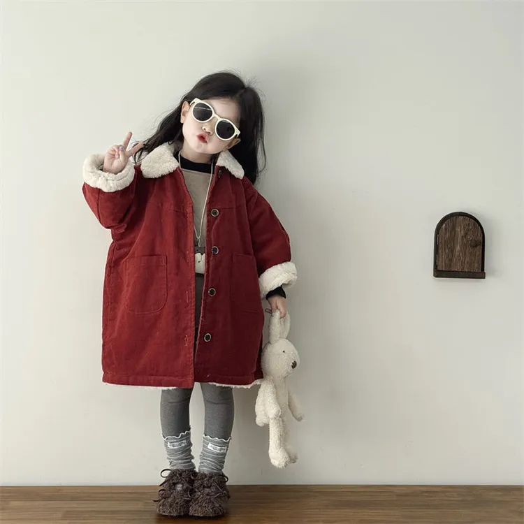 女童冬季棉服2024新款儿童洋气灯芯绒棉衣韩版宝宝加绒羊羔绒外套