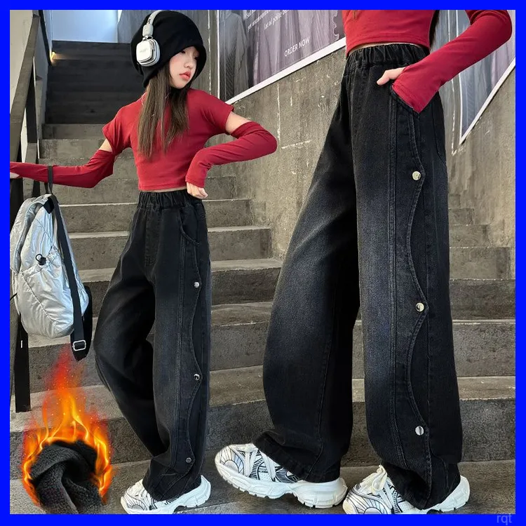 冬天女童时髦阔腿裤女童冬季加绒牛仔裤女童牛仔裤加绒2024秋冬新