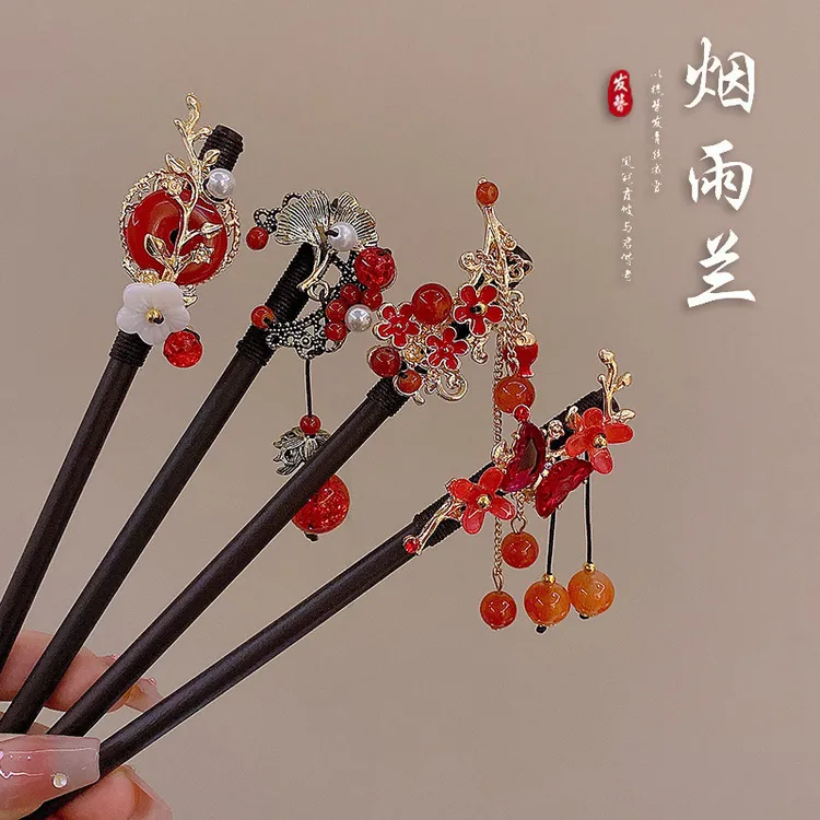 新中式红色发簪古风流苏簪子 后脑勺盘发发钗 古装旗袍新中式发饰