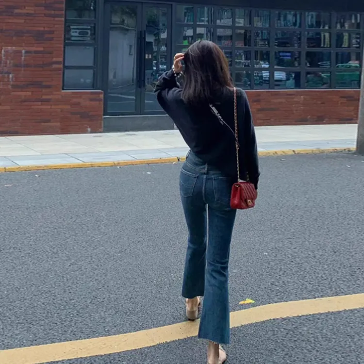 复古蓝毛边喇叭牛仔裤女小个子8分九分高腰显瘦修身弹力微喇叭裤