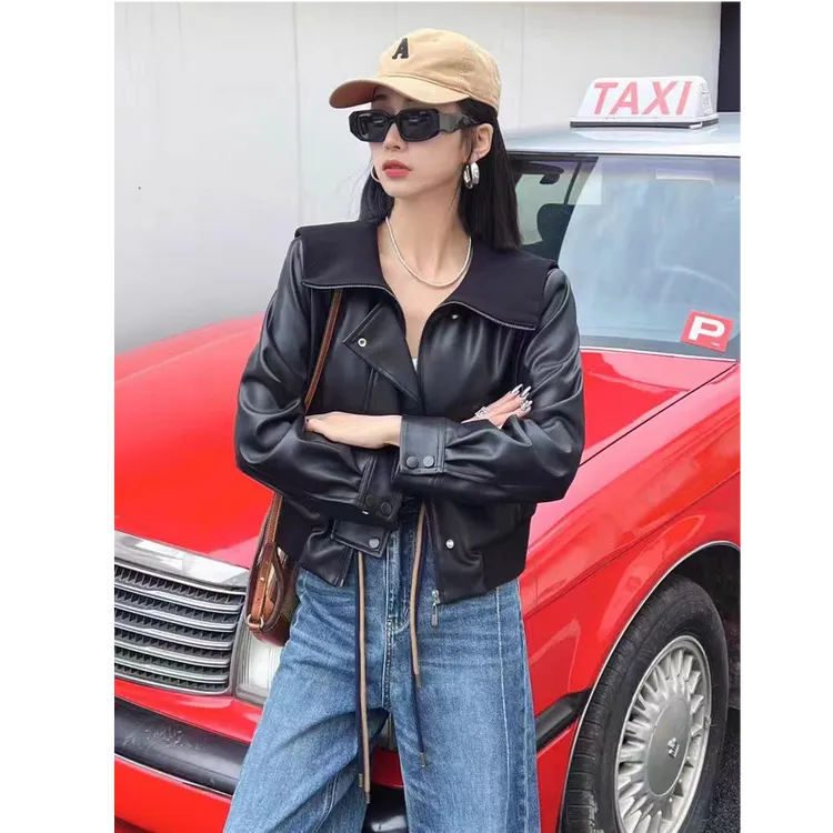 欧货海军领短款皮外套女春秋款宽松显瘦黑色机车夹克上衣软皮2024