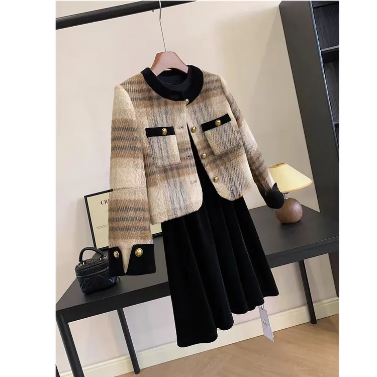 冬季女装小香风花呢羊毛外套长袖金丝绒连衣裙套装名媛时尚秋冬