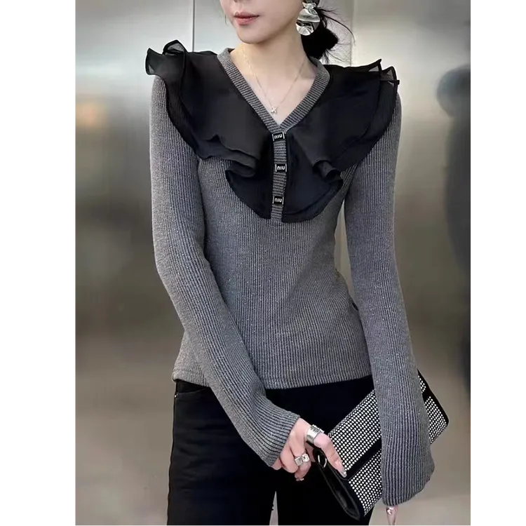 2024时尚针织衫女拼色荷叶减龄打底弹力修身显瘦V领上衣法式高级