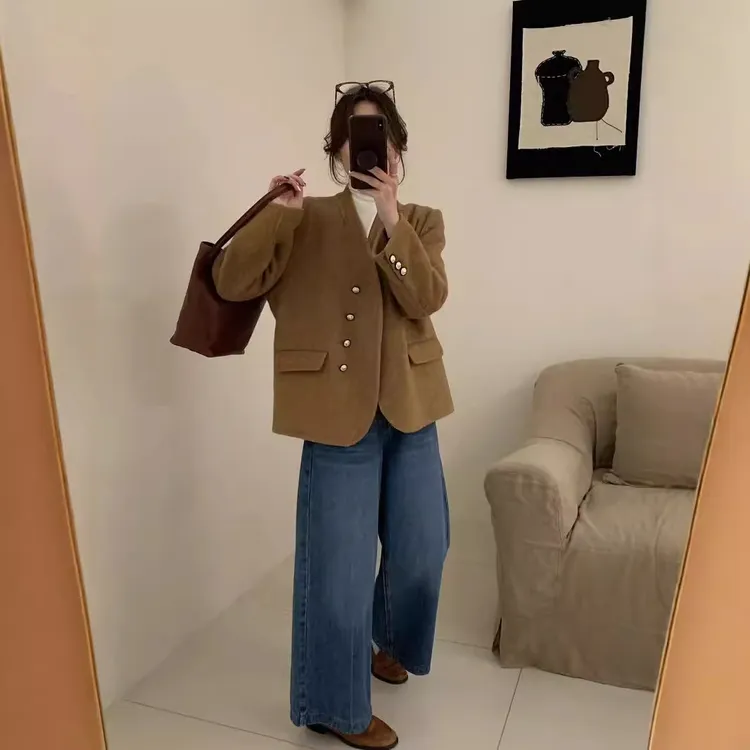 2024秋冬新款韩系双面羊毛大衣女短款小个子V领气质显瘦毛呢外套