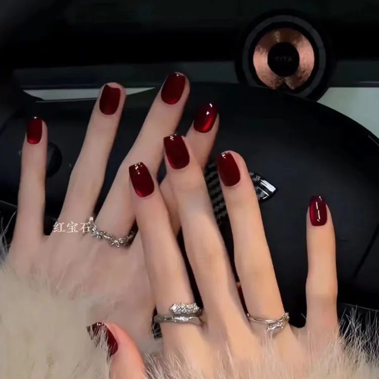 穿戴甲短款爆款红宝石鸽血猫眼穿戴甲指甲贴片超级贵气显白10片装