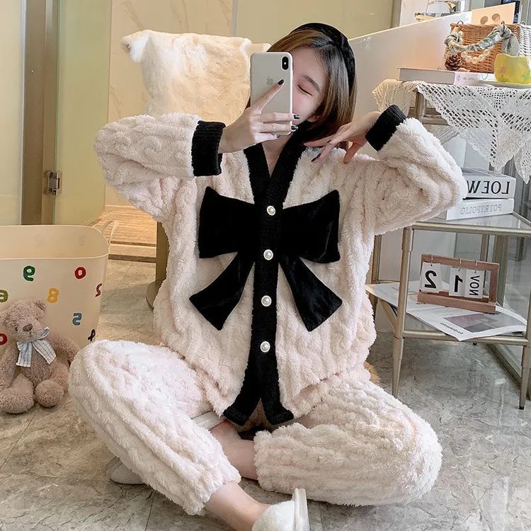 珊瑚绒睡衣女士2022年新款秋冬季加厚加绒法兰绒甜美家居服套装女