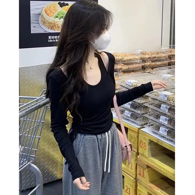 多种穿法-长袖t恤女早秋新纯欲修身洋气短款上衣假两件挂脖打底衫