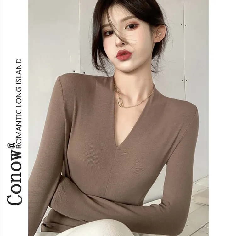 彩诺打底衫女秋冬气质百搭V领洋气修身显瘦加绒长袖T恤内搭上衣