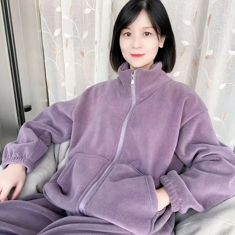 冬季新款加绒加厚立领套装海豚绒家居服韩版时尚情侣款