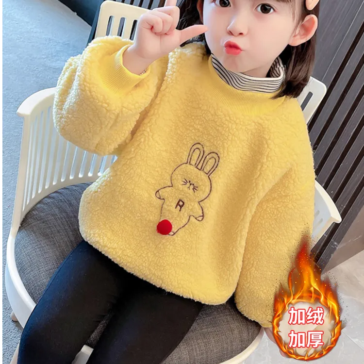 女童洋气加绒高领套头韩版假两件可爱毛毛加厚卡通刺绣休闲卫衣