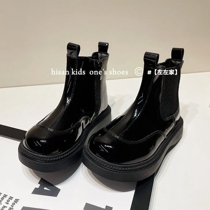 【左左家童鞋】男女童马丁靴韩版秋冬新款黑色中帮侧拉链儿童皮鞋