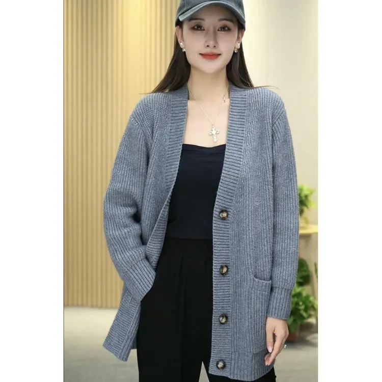 【Y&Q】韩版休闲宽松显瘦简约气质百搭竖坑条中长款针织羊毛女开衫