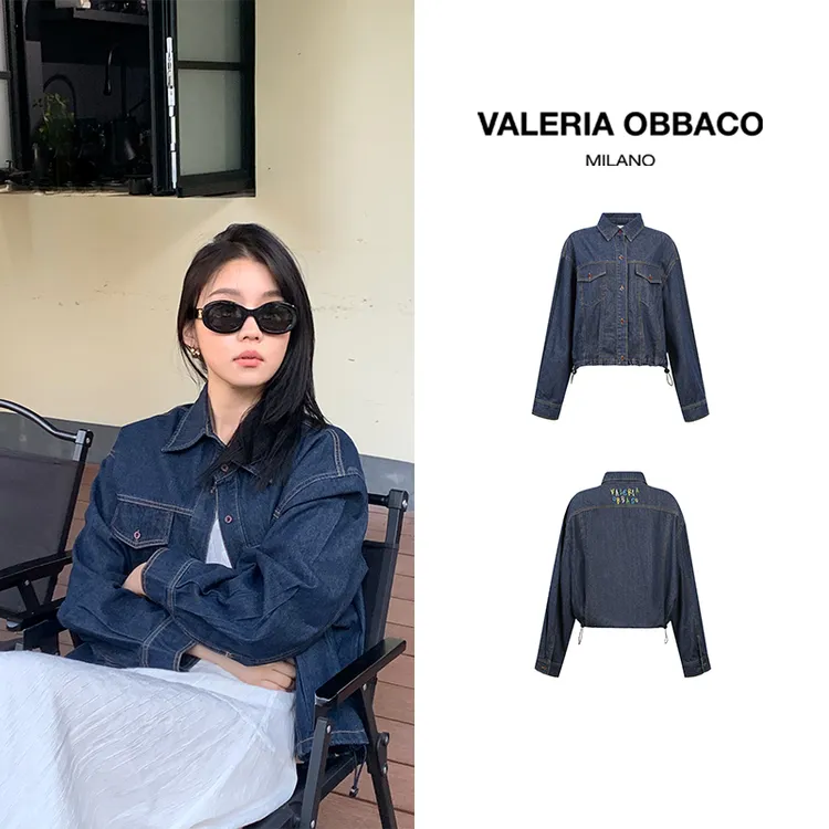 VALERIAOBBACO/瓦莱丽娅 奥贝科简约百搭复古绣花抽绳牛仔衬衫