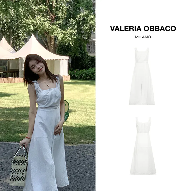 VALERIAOBBACO/瓦莱丽娅 奥贝科开衩波浪连衣裙白色气质显瘦夏季