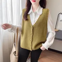 华夫格V领针织马甲开衫女2025春装新款韩版洋气小个子百搭背心上