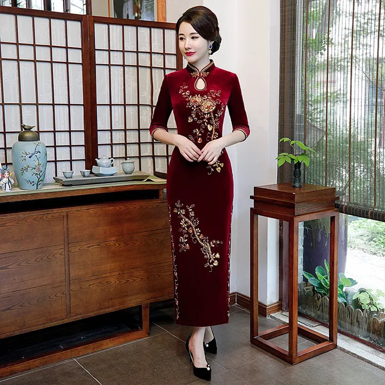 参加婚礼穿的气质女装春秋新款爆款大码新中式长款旗袍妈妈装婚宴