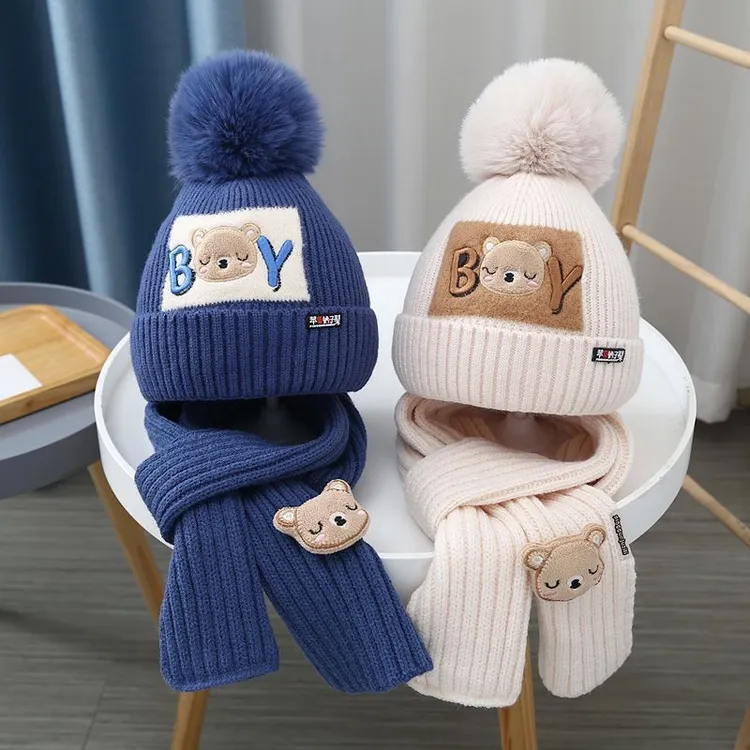 冬季儿童帽子安可拉红婴儿帽子毛线帽加厚加棉保暖围巾两件套冬天