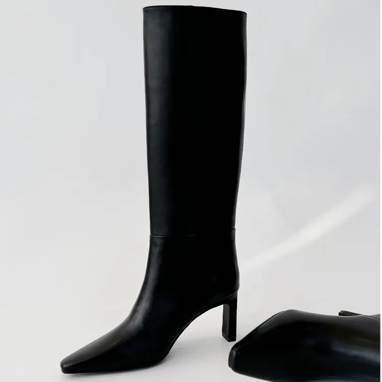 气质尖头显瘦长靴女真皮细跟高及膝靴瘦瘦直筒靴