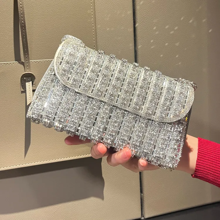 新款宴会包气质名媛手拿包银色镶钻时尚百搭女包公主包小香风高级