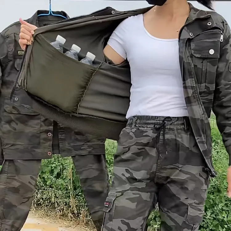 春秋弹力0852款耐磨薄款工作套装:长袖外套+松紧腰裤子