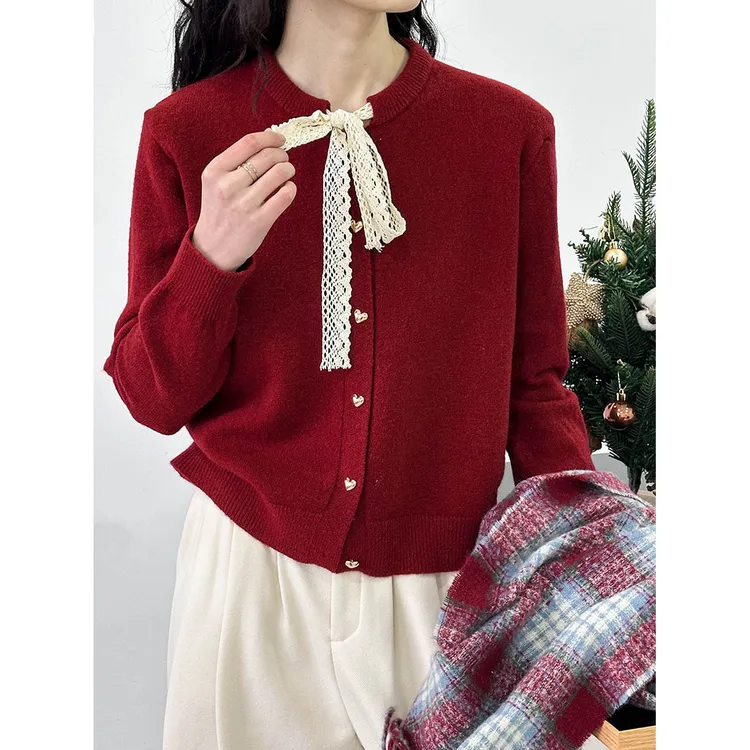 橘芷圣诞温柔风蕾丝绑带蝴蝶结圆领针织上衣女韩系毛衣