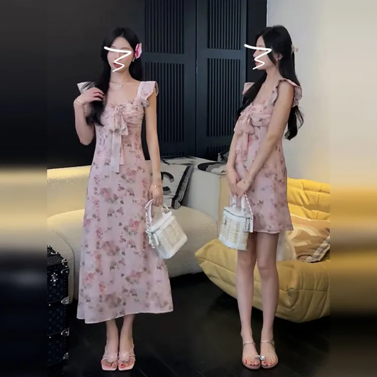 小飞袖吊带碎花连衣裙子女夏季2024新款茶歇法式海边度假气质长裙