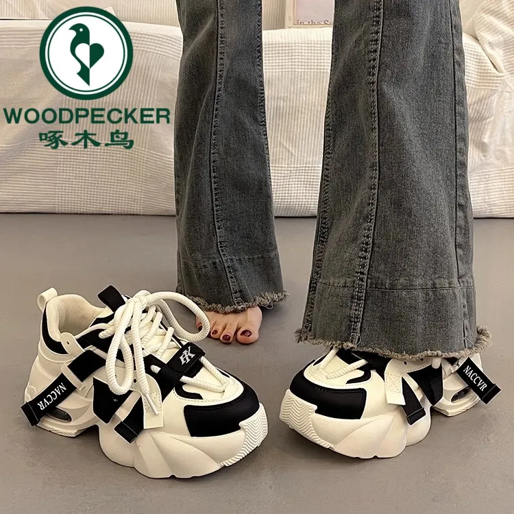 啄木鸟欧洲站显脚小厚底老爹鞋女春秋炸街增高2025新款休闲运动鞋