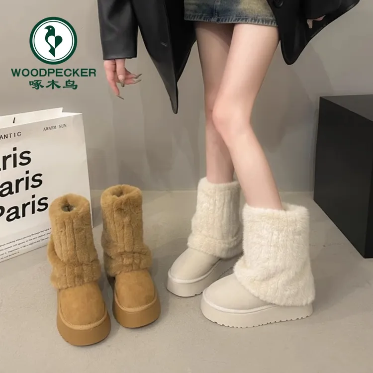 啄木鸟中筒雪地靴女冬2025新款网红超火小众厚底毛毛短靴厚底棉鞋