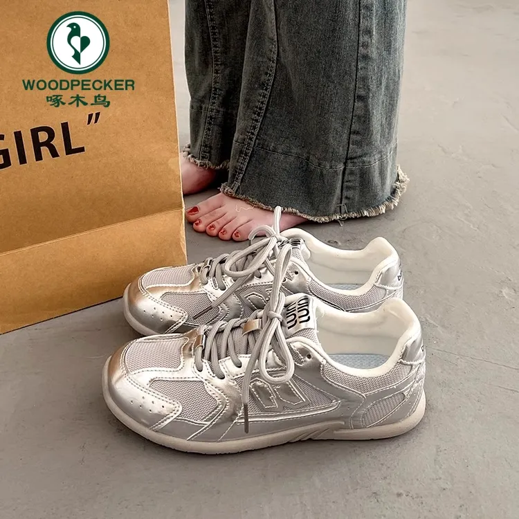 啄木鸟网面透气德训鞋女夏季百搭阿甘鞋2024新款银色休闲运动鞋女