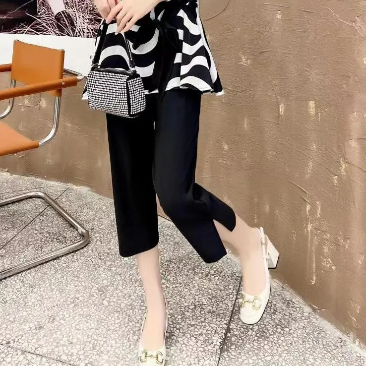 鲸鱼大码#夏季新款7分侧开叉面膜凉凉裤高腰冰丝速干休闲烟管裤女