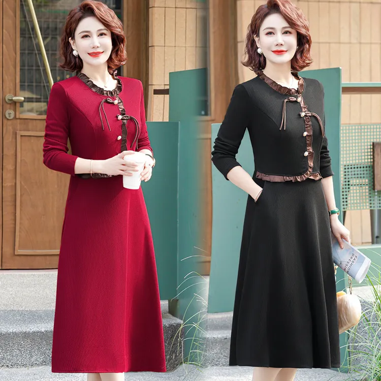 啄木鳥爆款妈妈秋装长袖连衣裙中年裙子女春秋新款显瘦中老年裙子