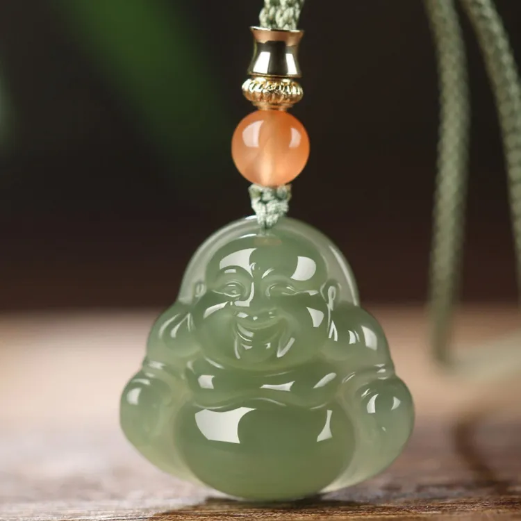 新疆天然和田玉笑佛平安扣吊坠男女项坠青玉皮丘玉佛吊坠女款