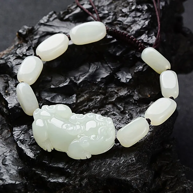 [保真]新疆和田玉白玉貔貅男士手链女士手串情侣皮丘手串玉戒指