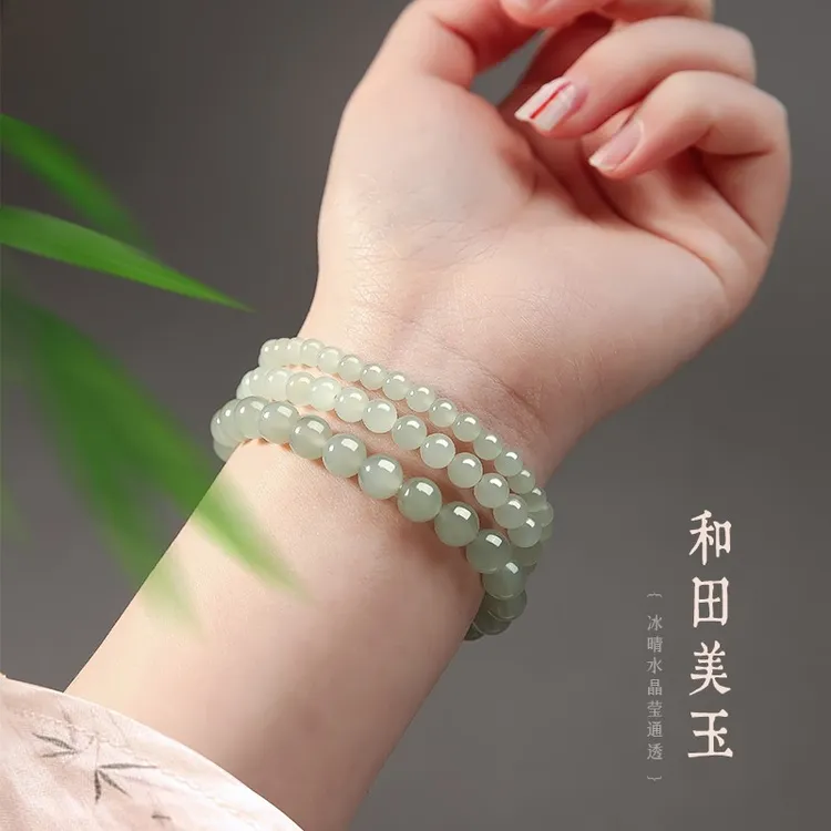 正品和田玉手串女保真老坑晴水老型珠玉石女生手链春夏素圈串珠子