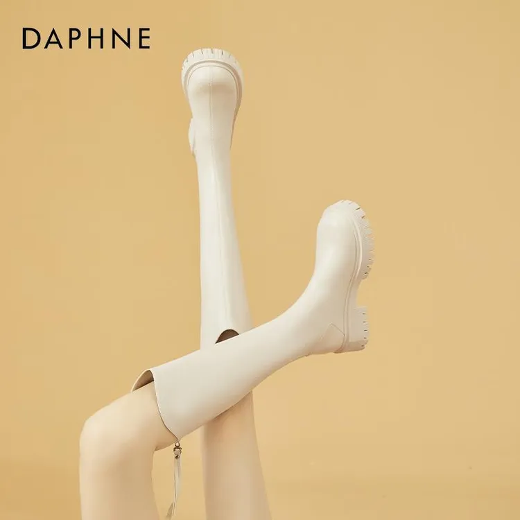 达芙妮女鞋白色靴子女长筒靴2025新款V口长靴V字长筒靴冬季马丁靴