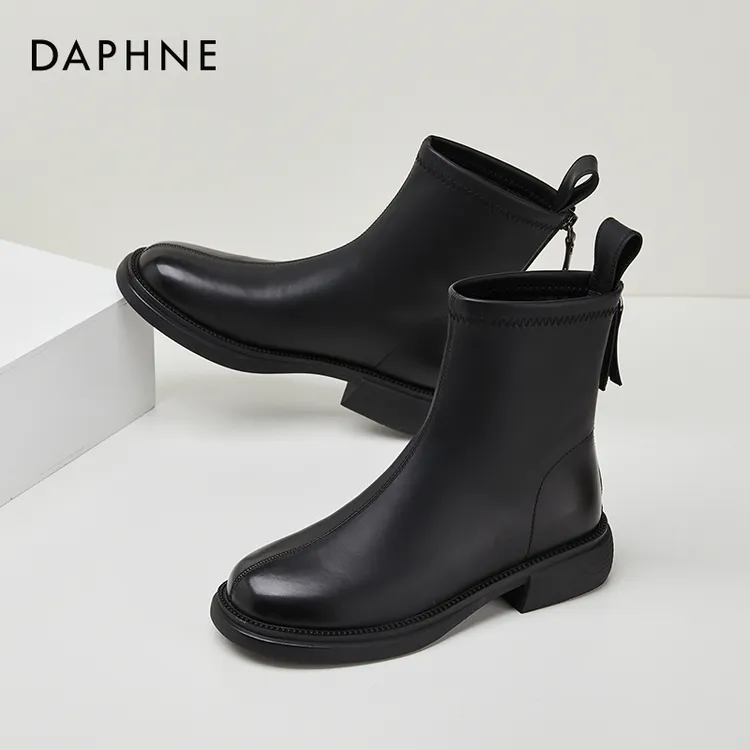 达芙妮女鞋2025秋冬短靴高级感炸街黑色小皮靴百搭小个子粗跟女靴商品图