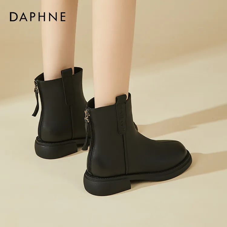 达芙妮平底烟筒马丁靴女鞋子2025冬季新款加绒短靴马丁靴时尚皮鞋商品图