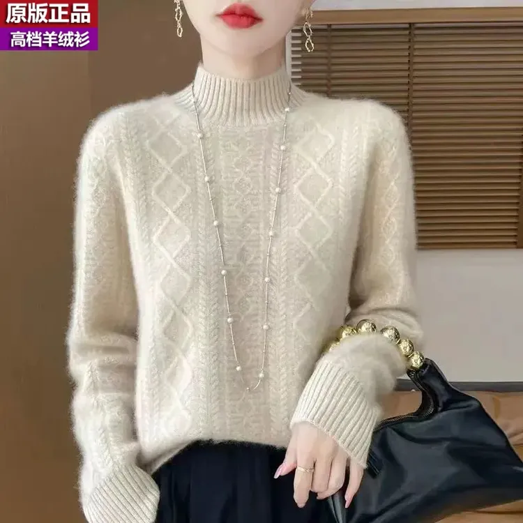 纯100羊绒衫爆款女长袖宽松保暖秋冬纯色时尚百搭针织毛衣半高领