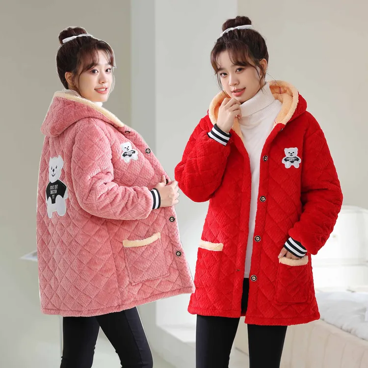 新款冬季韩版时尚罩衣女外穿加绒加厚中长款休闲工作居家妈妈棉服