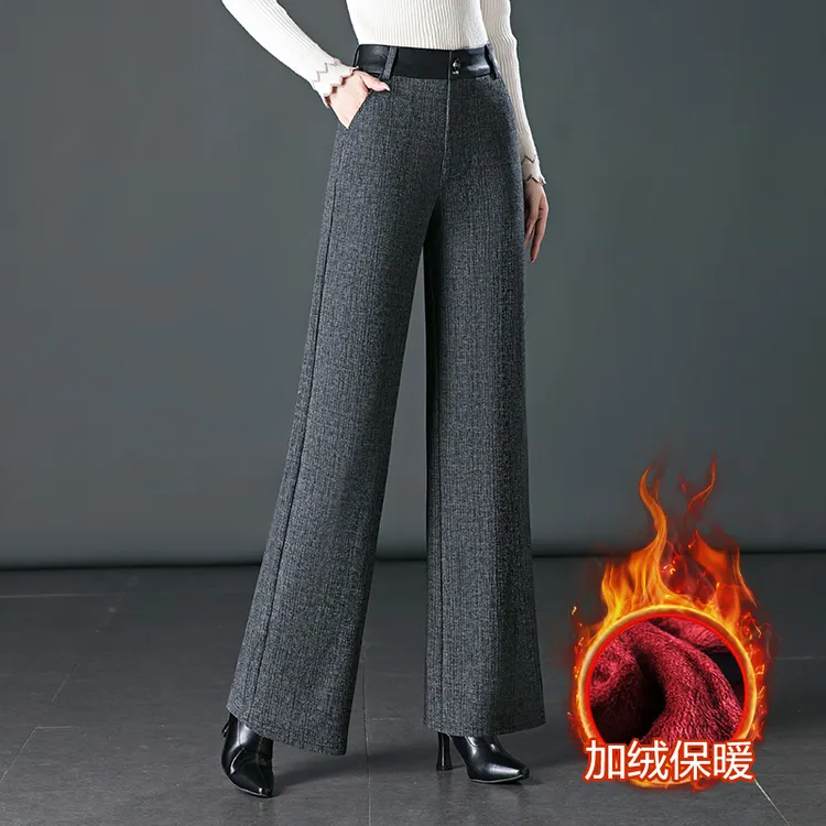 专柜正品高腰直筒休闲裤女25年冬季加绒加厚毛呢裤显瘦宽松阔腿裤