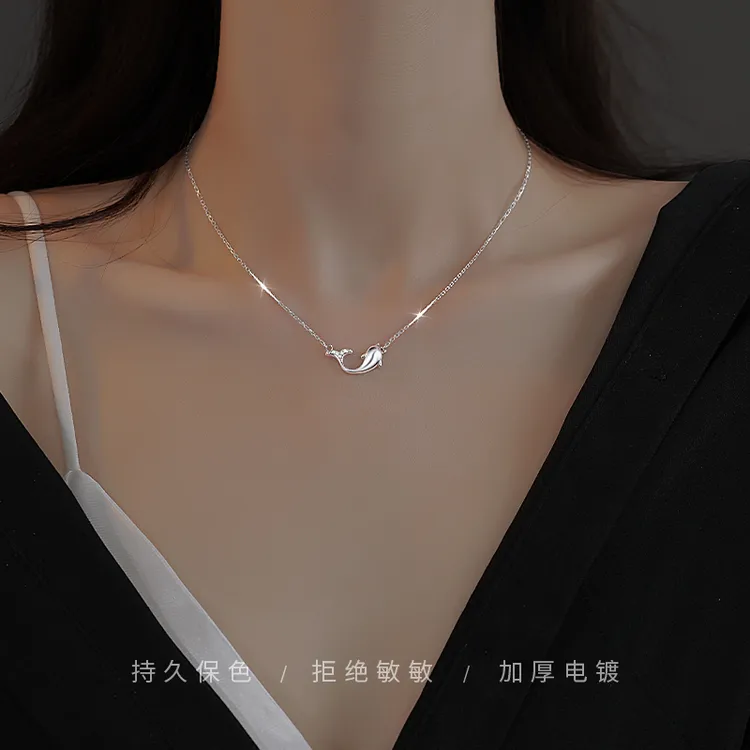 CUOOYINO/初影 坠链均足银合成锆石 【小海豚】精致项链百搭锁骨链