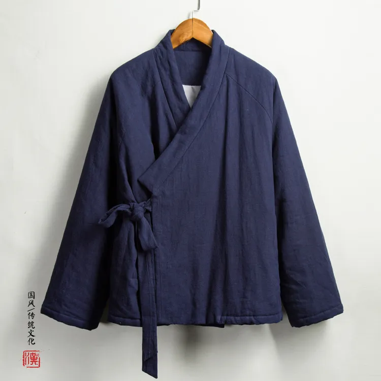 冬季加厚保暖棉衣中国风斜襟汉服外套青年棉麻棉袄男士禅服面包服