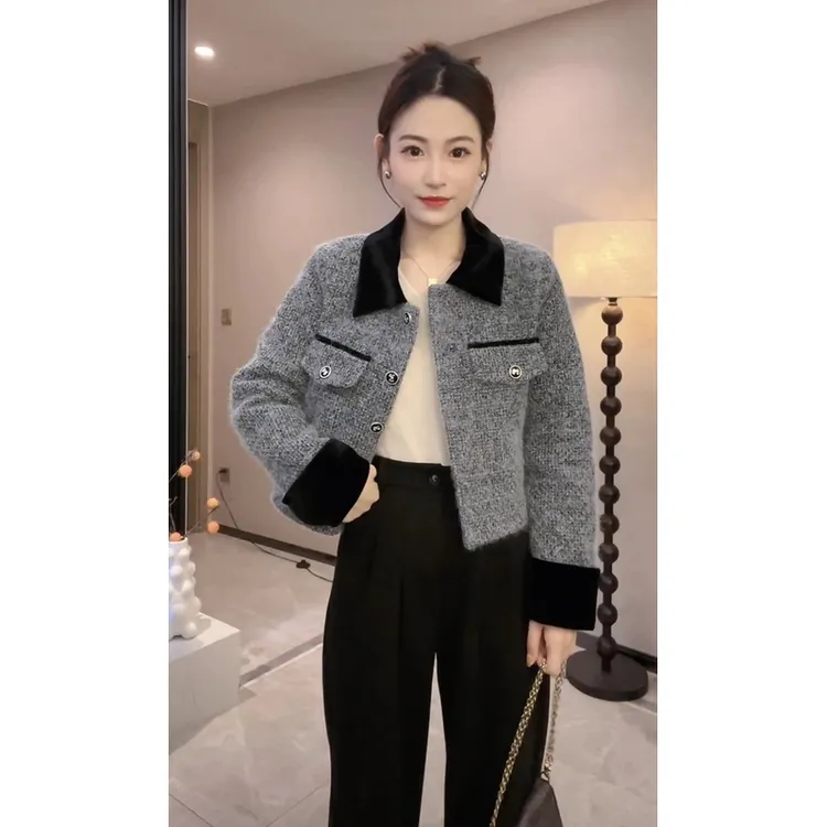 【现货+运费险】小香风小女秋冬新款洋气短款显瘦气质百搭拼接上衣