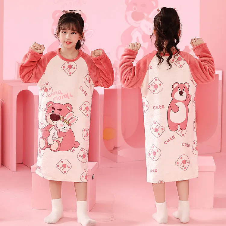 长袖法兰绒儿童薄绒保暖睡裙中大童春秋冬季珊瑚绒连衣裙女孩睡衣