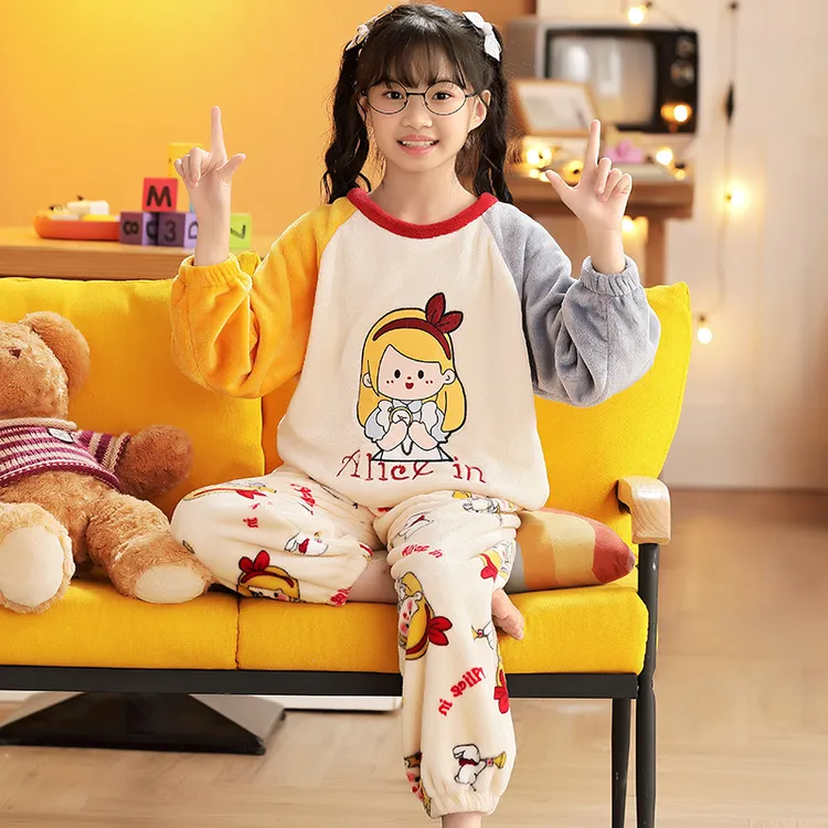 儿童睡衣女童珊瑚绒薄款法兰绒秋冬季加绒加厚女孩宝宝家居服套装