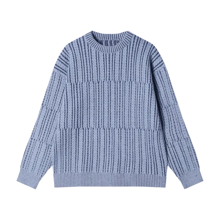 秋冬新款男士圆领螺纹针织扭花设计感长袖套头百搭宽松毛线衫