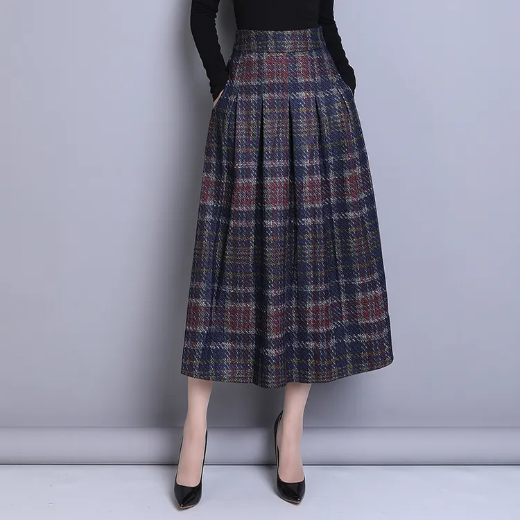 复古格子半身裙女2025新款秋冬毛呢a字百褶裙高腰遮肚子大摆长裙