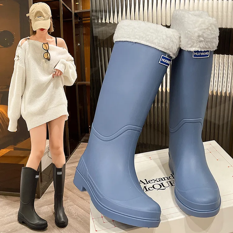 时尚高筒雨鞋女士外穿加绒保暖雨靴洋气厚底工作鞋四季防水鞋胶鞋